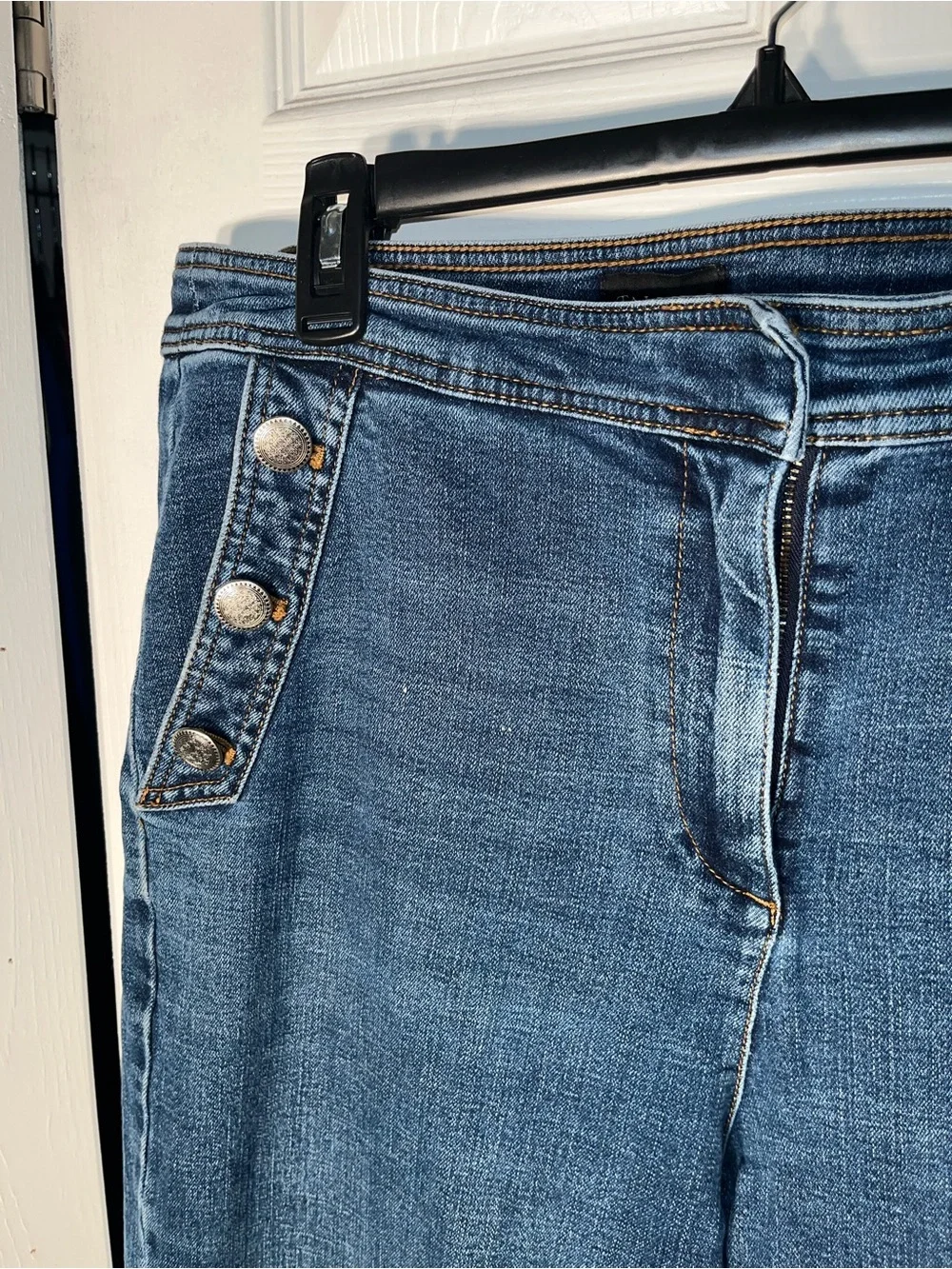 Women’s Talbots High Rise Wide Leg Sailor Jeans Dark Fleet Wash Button Size 14